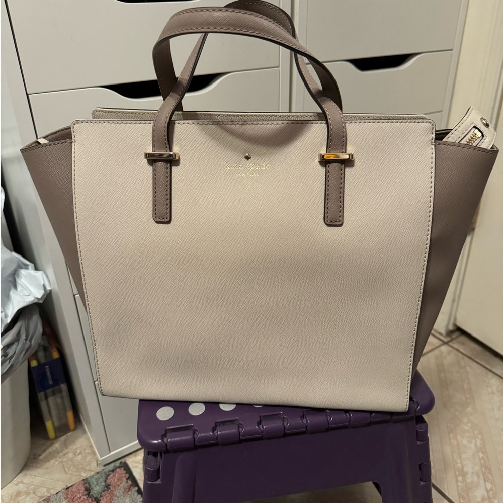 Beige and Taupe Color-Blocked Tote Bag with Textured Leather
